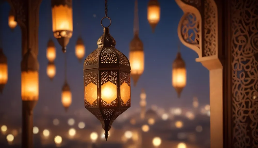 A Hanging Arabic Lantern With Intricate Metalwork Warm Light Glowing Through The Cutouts City Lights Bokeh In The Background Festive Atmosphere 34 Cdf7