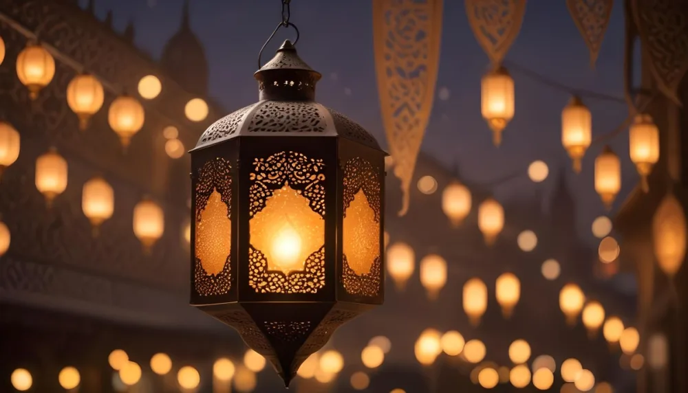 A Hanging Arabic Lantern With Intricate Metalwork Warm Light Glowing Through The Cutouts City Lights Bokeh In The Background Festive Atmosphere 35 4b42