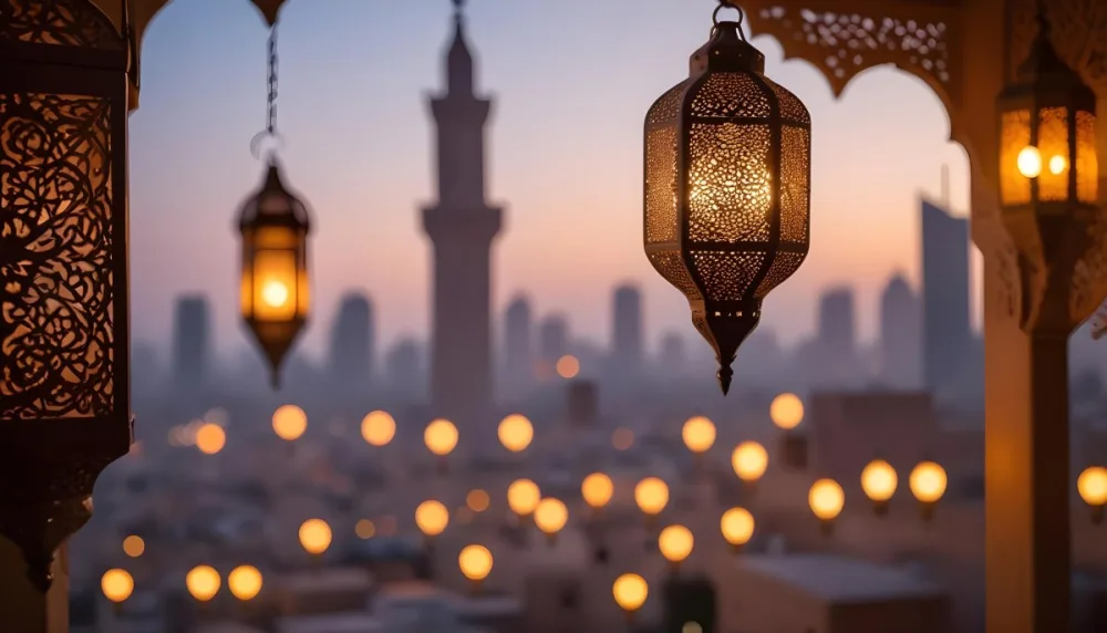 A Hanging Arabic Lantern With Intricate Metalwork Warm Light Glowing Through The Cutouts City Lights Bokeh In The Background Festive Atmosphere 36 8950