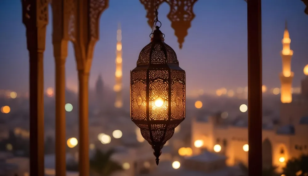 A Hanging Arabic Lantern With Intricate Metalwork Warm Light Glowing Through The Cutouts City Lights Bokeh In The Background Festive Atmosphere 37 1261