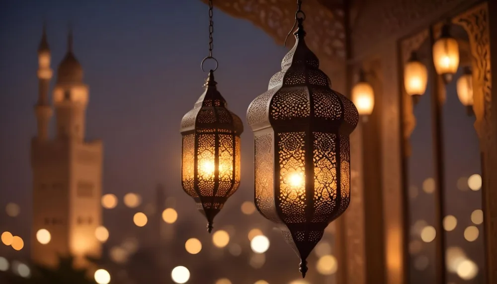 A Hanging Arabic Lantern With Intricate Metalwork Warm Light Glowing Through The Cutouts City Lights Bokeh In The Background Festive Atmosphere 4 29e0