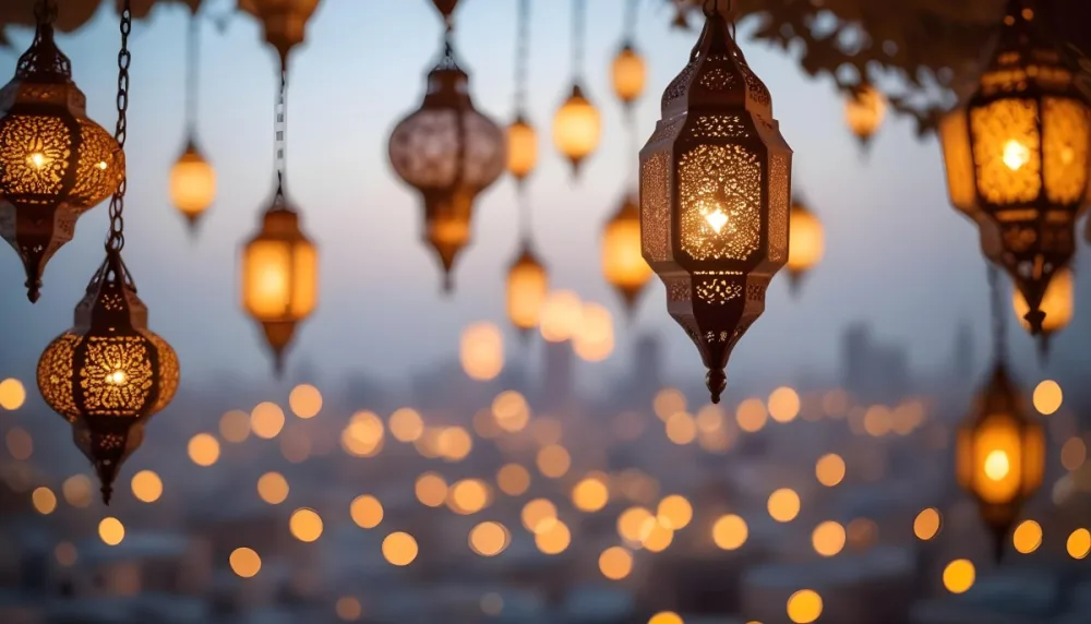 A Hanging Arabic Lantern With Intricate Metalwork Warm Light Glowing Through The Cutouts City Lights Bokeh In The Background Festive Atmosphere 5 63f6
