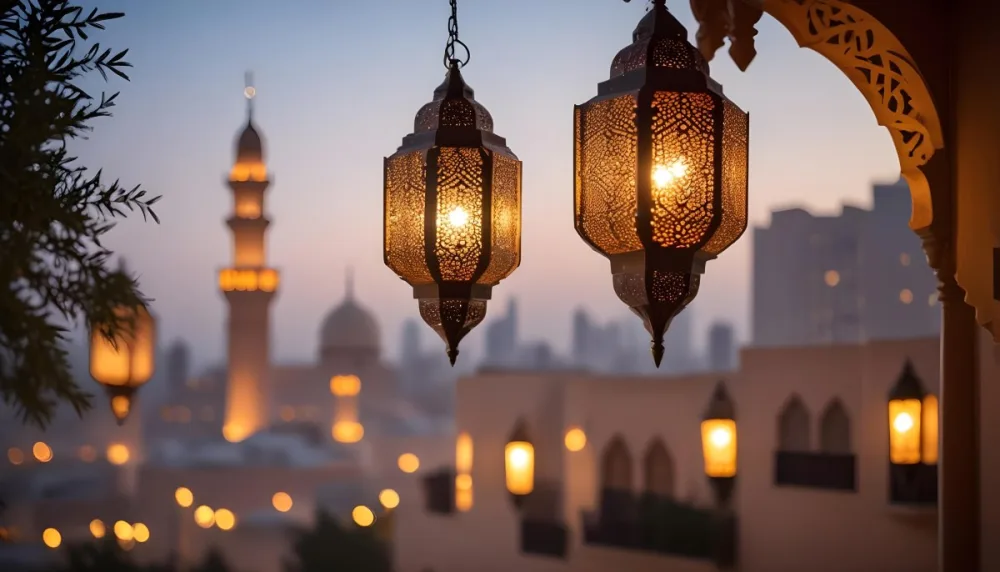 A Hanging Arabic Lantern With Intricate Metalwork Warm Light Glowing Through The Cutouts City Lights Bokeh In The Background Festive Atmosphere 6 D963