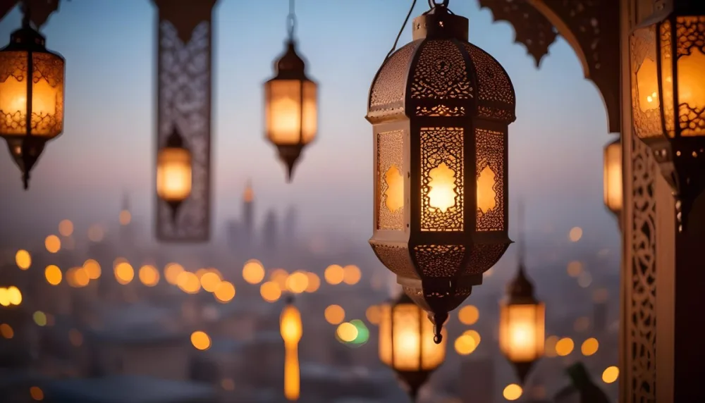 A Hanging Arabic Lantern With Intricate Metalwork Warm Light Glowing Through The Cutouts City Lights Bokeh In The Background Festive Atmosphere 7 29cf