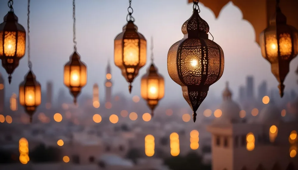 A Hanging Arabic Lantern With Intricate Metalwork Warm Light Glowing Through The Cutouts City Lights Bokeh In The Background Festive Atmosphere 8 E0d1