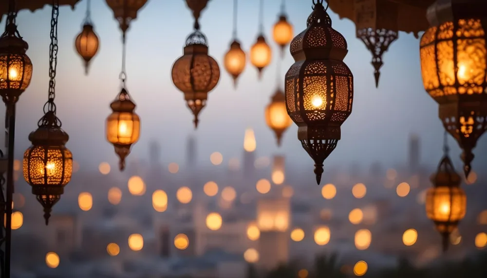 A Hanging Arabic Lantern With Intricate Metalwork Warm Light Glowing Through The Cutouts City Lights Bokeh In The Background Festive Atmosphere 9 619f