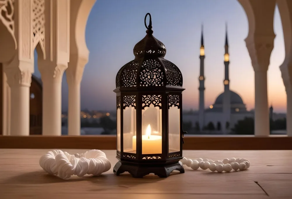 A Lantern And A Tasbih On A Wooden Table In The Background A Mosque With White Arches 1 Bd32