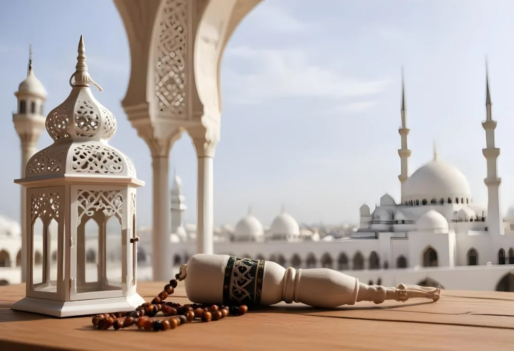 A Lantern And A Tasbih On A Wooden Table In The Background A Mosque With White Arches 19 Fc98