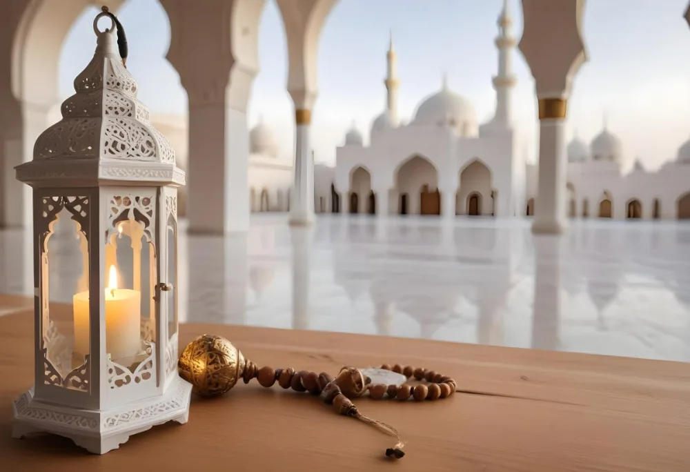 A Lantern And A Tasbih On A Wooden Table In The Background A Mosque With White Arches 24 E821