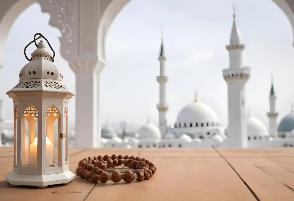 A Lantern And A Tasbih On A Wooden Table In The Background A Mosque With White Arches 25 5470