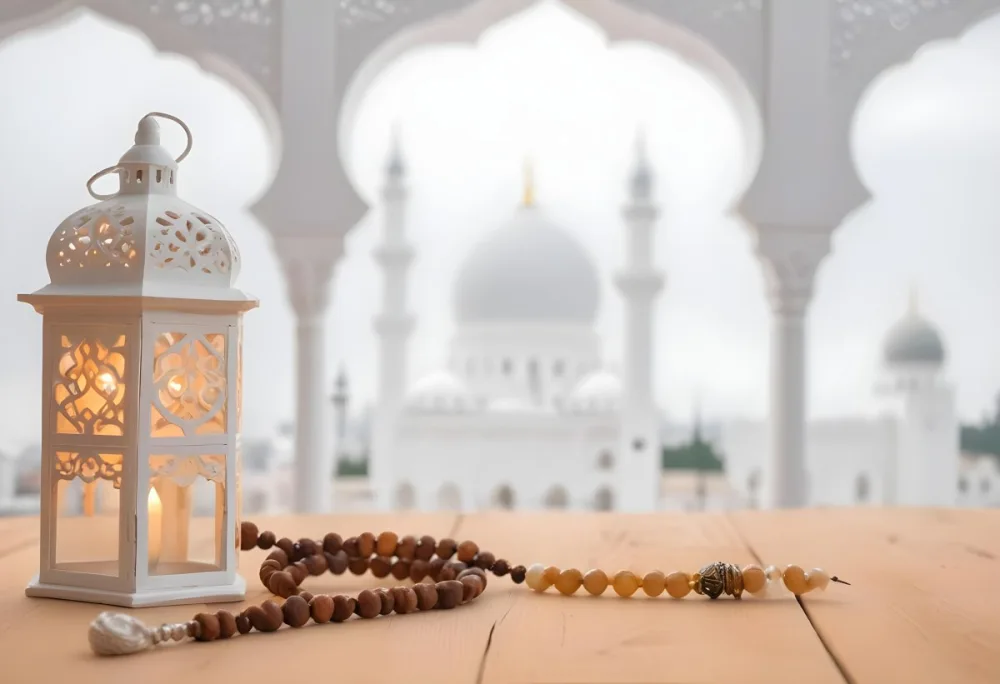 A Lantern And A Tasbih On A Wooden Table In The Background A Mosque With White Arches 27 B452