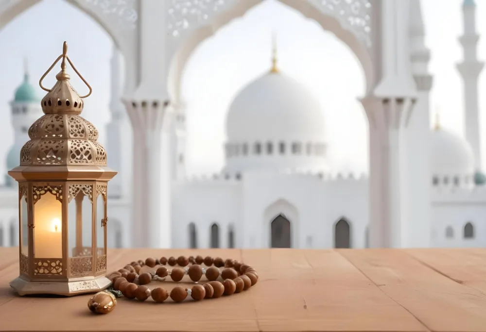 A Lantern And A Tasbih On A Wooden Table In The Background A Mosque With White Arches 3 B978