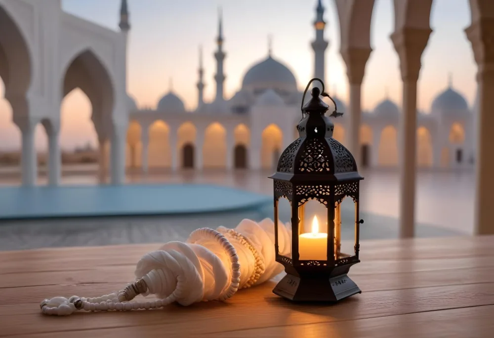 A Lantern And A Tasbih On A Wooden Table In The Background A Mosque With White Arches 5 8555