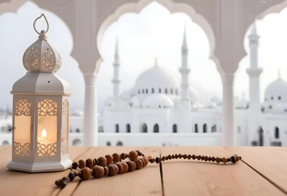 A Lantern And A Tasbih On A Wooden Table In The Background A Mosque With White Arches 7 8afd
