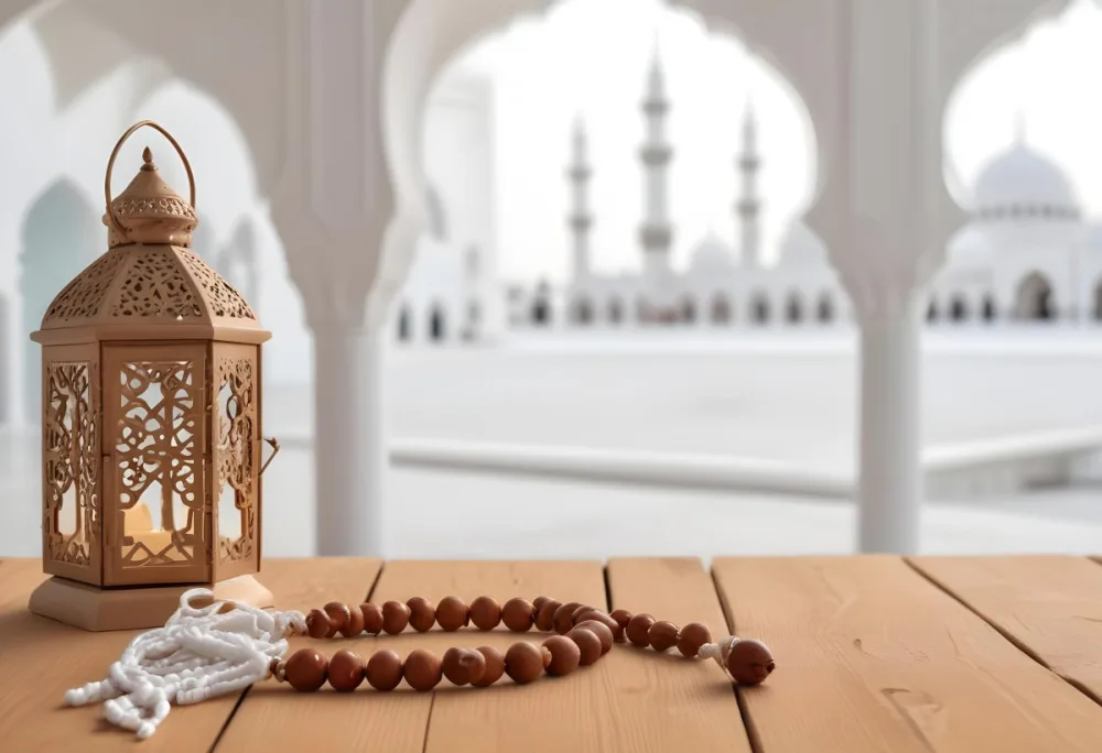 A Lantern And A Tasbih On A Wooden Table In The Background A Mosque With White Arches 8 E919