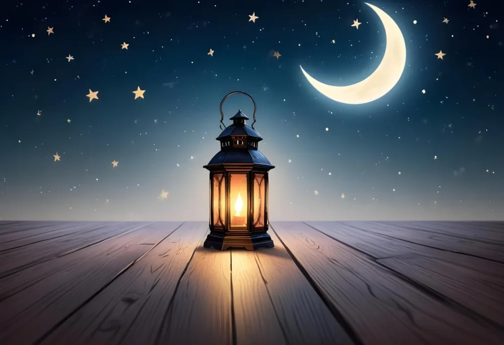 A Lantern On A Wooden Floor With A Crescent Moon And Stars In The Background The Lantern Is Lit And Casting A Warm Glow 11 De6a