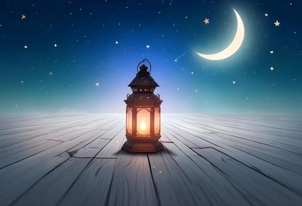 A Lantern On A Wooden Floor With A Crescent Moon And Stars In The Background The Lantern Is Lit And Casting A Warm Glow 15 3f47