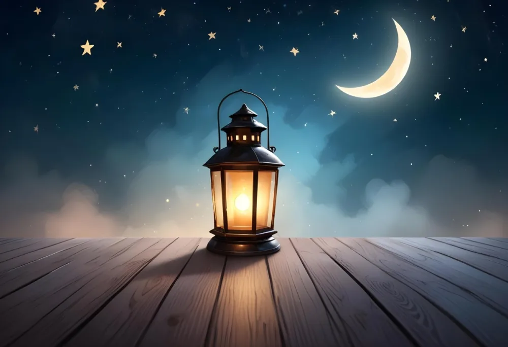 A Lantern On A Wooden Floor With A Crescent Moon And Stars In The Background The Lantern Is Lit And Casting A Warm Glow 16 4528