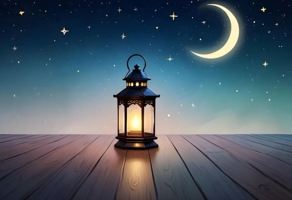 A Lantern On A Wooden Floor With A Crescent Moon And Stars In The Background The Lantern Is Lit And Casting A Warm Glow 17 0f13