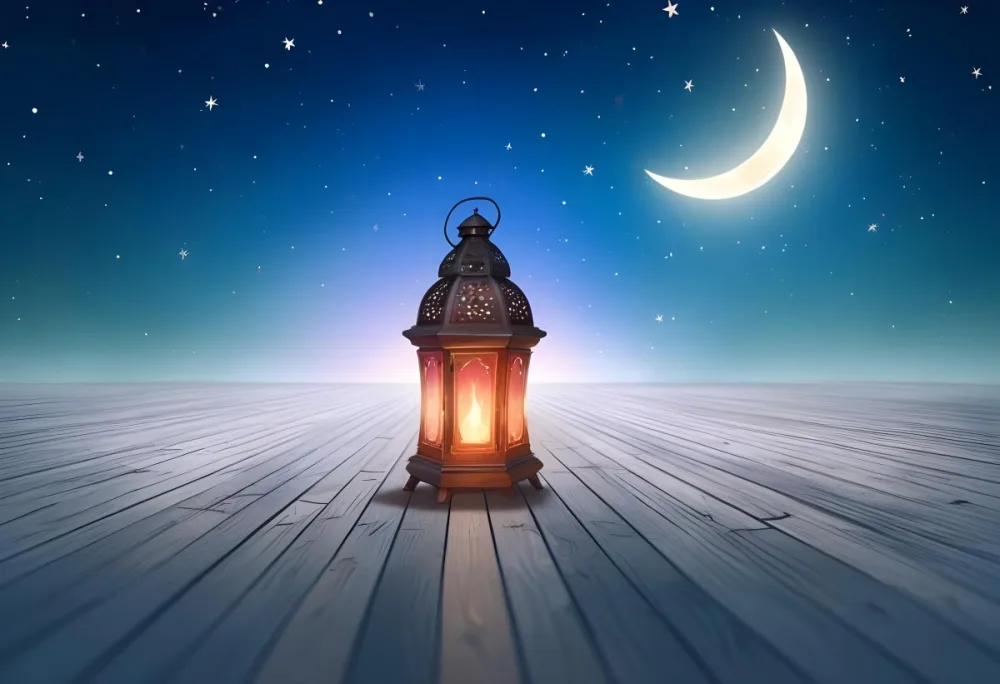 A Lantern On A Wooden Floor With A Crescent Moon And Stars In The Background The Lantern Is Lit And Casting A Warm Glow 31 992e