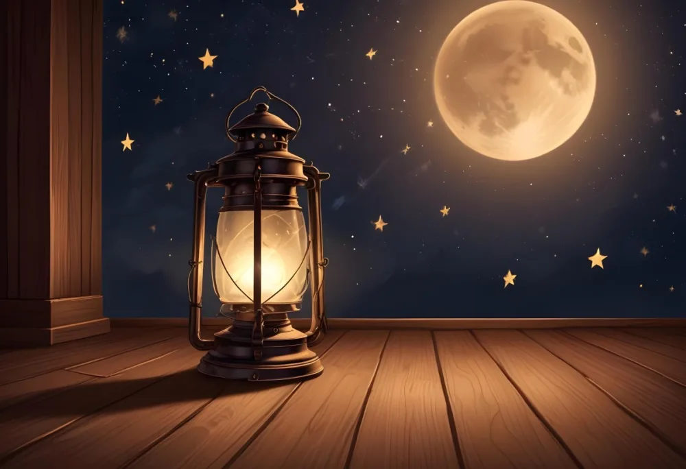 A Lantern On A Wooden Floor With A Crescent Moon And Stars In The Background The Lantern Is Lit And Casting A Warm Glow 37 Daa8