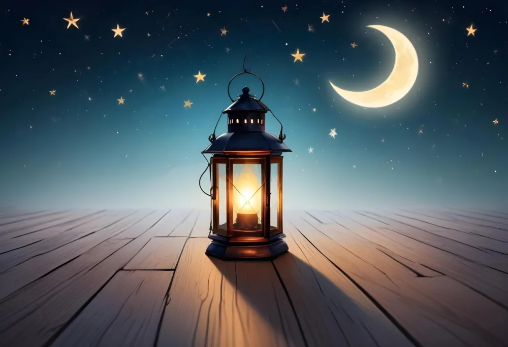 A Lantern On A Wooden Floor With A Crescent Moon And Stars In The Background The Lantern Is Lit And Casting A Warm Glow 4 0a74