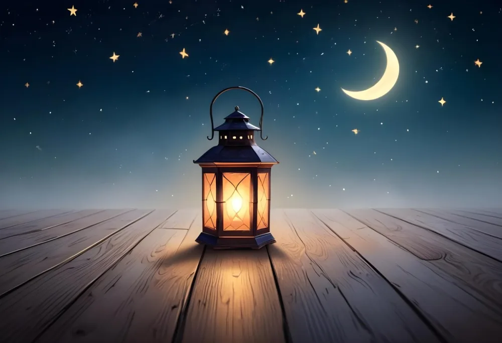A Lantern On A Wooden Floor With A Crescent Moon And Stars In The Background The Lantern Is Lit And Casting A Warm Glow 41 5175