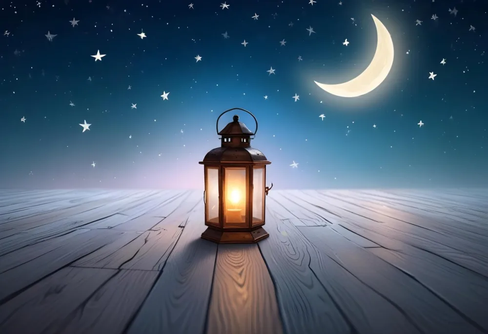 A Lantern On A Wooden Floor With A Crescent Moon And Stars In The Background The Lantern Is Lit And Casting A Warm Glow 42 7e20