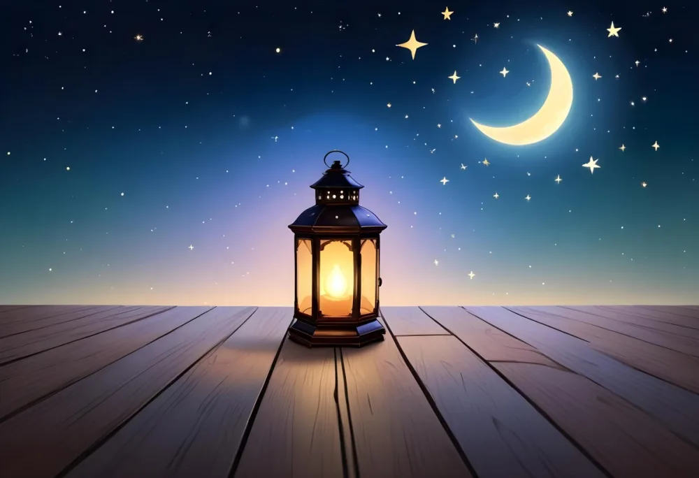 A Lantern On A Wooden Floor With A Crescent Moon And Stars In The Background The Lantern Is Lit And Casting A Warm Glow 43 40fa