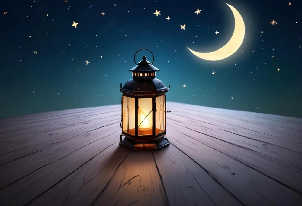 A Lantern On A Wooden Floor With A Crescent Moon And Stars In The Background The Lantern Is Lit And Casting A Warm Glow 45 2941