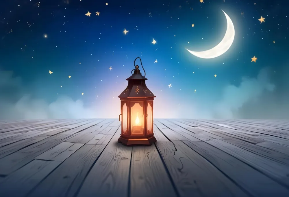 A Lantern On A Wooden Floor With A Crescent Moon And Stars In The Background The Lantern Is Lit And Casting A Warm Glow 5 36bc