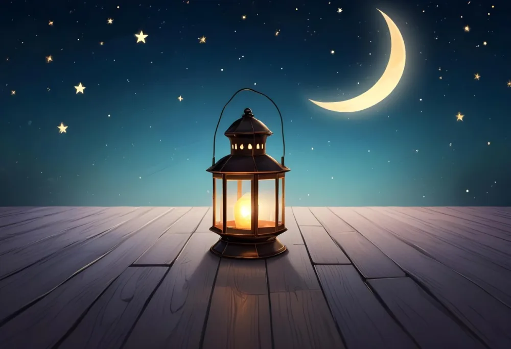 A Lantern On A Wooden Floor With A Crescent Moon And Stars In The Background The Lantern Is Lit And Casting A Warm Glow 6 Ef91