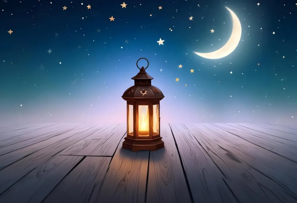 A Lantern On A Wooden Floor With A Crescent Moon And Stars In The Background The Lantern Is Lit And Casting A Warm Glow 7 D2fa