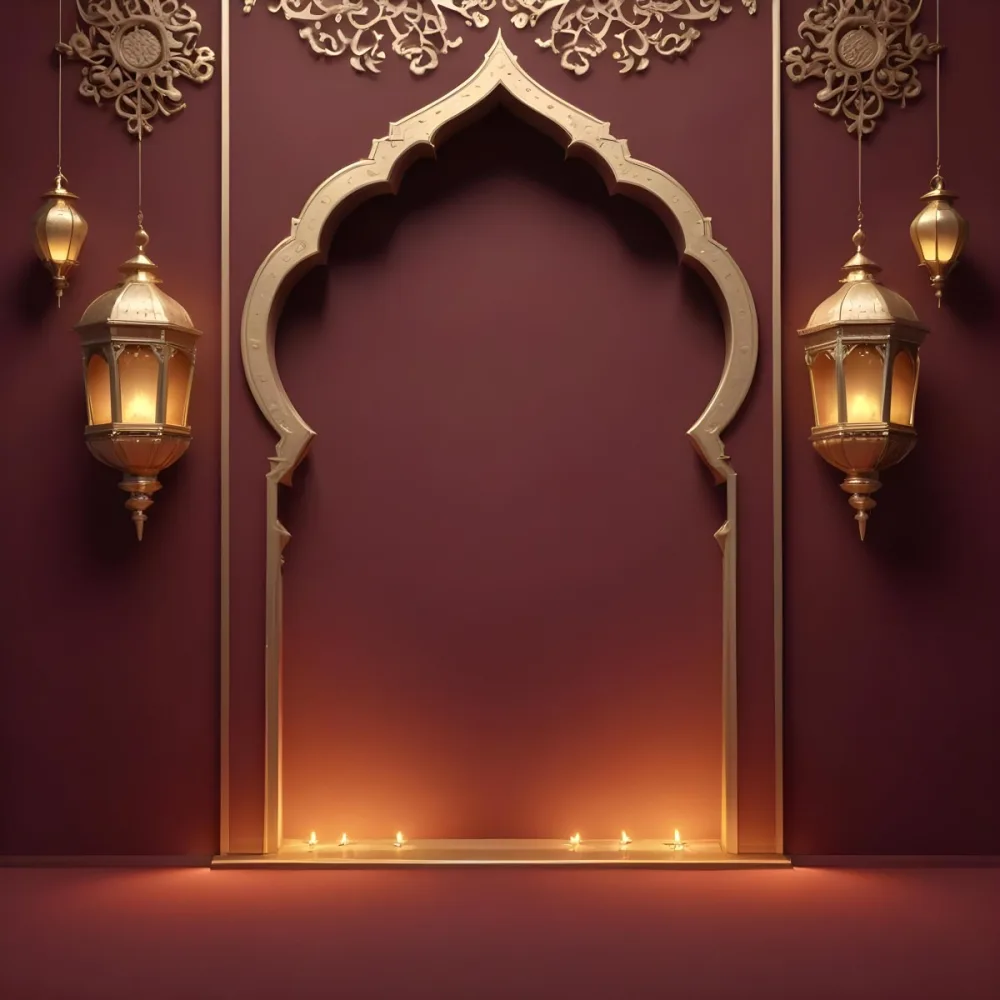 A Maroon Wall With A Golden Archway In The Center Two Golden Lanterns Hanging On Either Side And Golden Decorations At The Top 12 3393