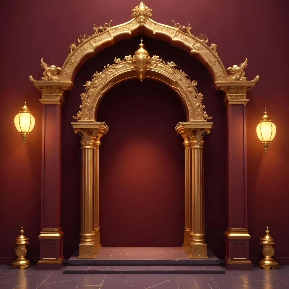 A Maroon Wall With A Golden Archway In The Center Two Golden Lanterns Hanging On Either Side And Golden Decorations At The Top 13 92e8