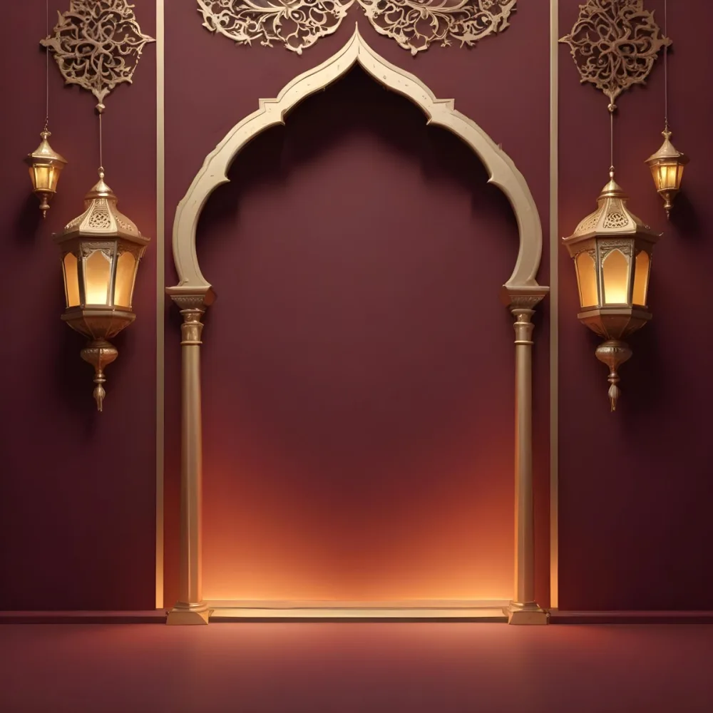 A Maroon Wall With A Golden Archway In The Center Two Golden Lanterns Hanging On Either Side And Golden Decorations At The Top 16 A062