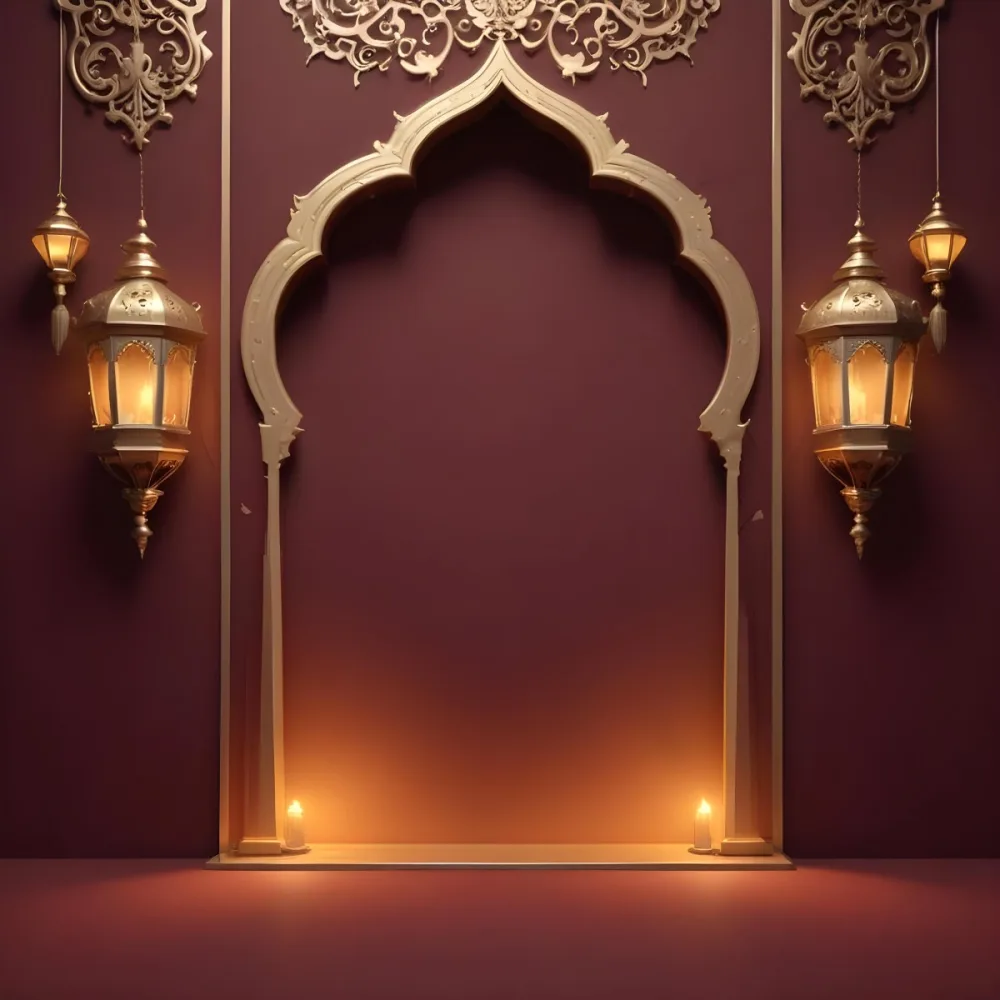 A Maroon Wall With A Golden Archway In The Center Two Golden Lanterns Hanging On Either Side And Golden Decorations At The Top 17 7b6b