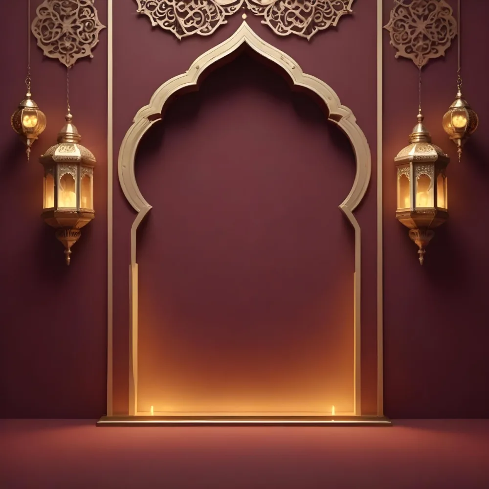 A Maroon Wall With A Golden Archway In The Center Two Golden Lanterns Hanging On Either Side And Golden Decorations At The Top 2 179a