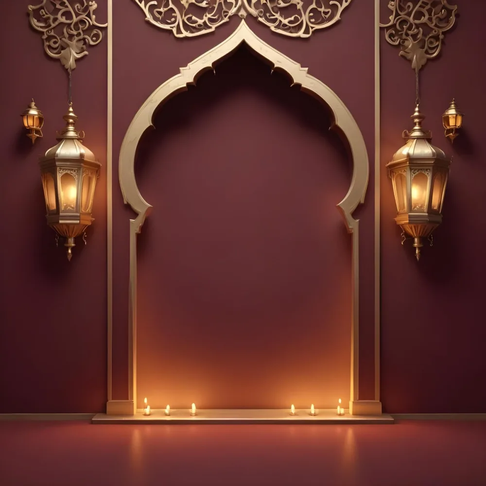 A Maroon Wall With A Golden Archway In The Center Two Golden Lanterns Hanging On Either Side And Golden Decorations At The Top 20 Ff91
