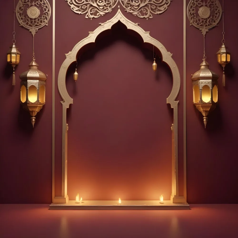A Maroon Wall With A Golden Archway In The Center Two Golden Lanterns Hanging On Either Side And Golden Decorations At The Top 21 4746