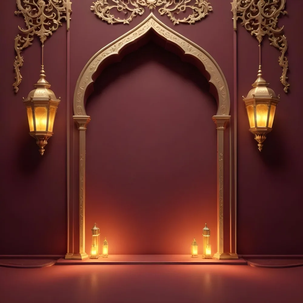 A Maroon Wall With A Golden Archway In The Center Two Golden Lanterns Hanging On Either Side And Golden Decorations At The Top 22 069b
