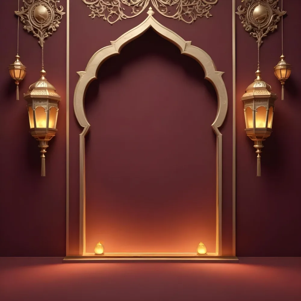 A Maroon Wall With A Golden Archway In The Center Two Golden Lanterns Hanging On Either Side And Golden Decorations At The Top 24 Ac2b