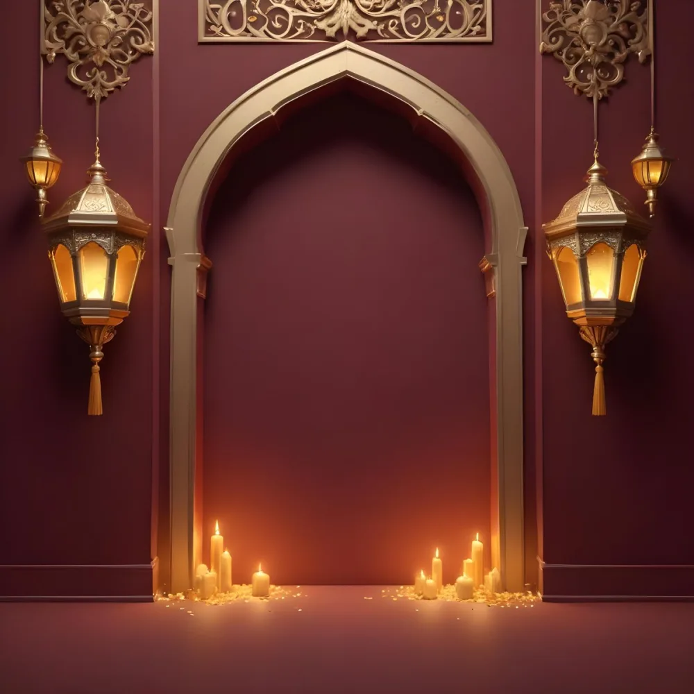A Maroon Wall With A Golden Archway In The Center Two Golden Lanterns Hanging On Either Side And Golden Decorations At The Top 3 Bc06