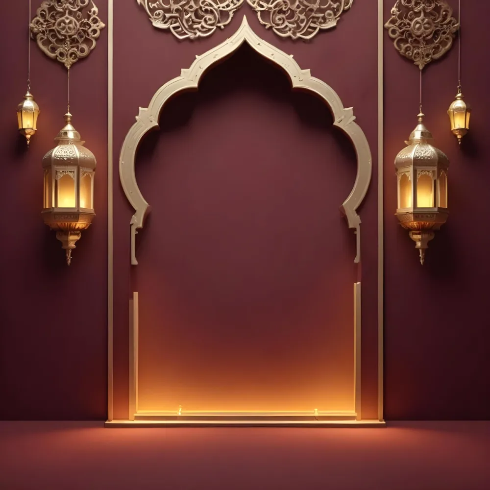 A Maroon Wall With A Golden Archway In The Center Two Golden Lanterns Hanging On Either Side And Golden Decorations At The Top 4 69be