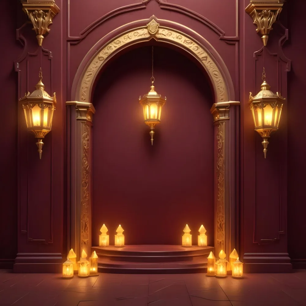 A Maroon Wall With A Golden Archway In The Center Two Golden Lanterns Hanging On Either Side And Golden Decorations At The Top 5 B54a