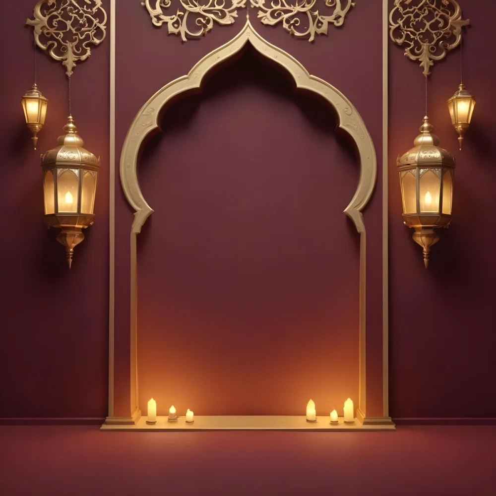 A Maroon Wall With A Golden Archway In The Center Two Golden Lanterns Hanging On Either Side And Golden Decorations At The Top 6 4d35