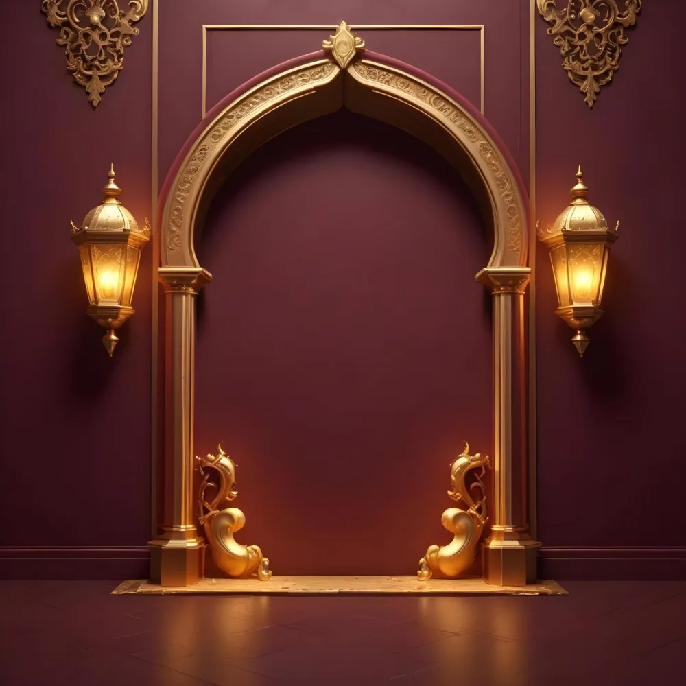 A Maroon Wall With A Golden Archway In The Center Two Golden Lanterns Hanging On Either Side And Golden Decorations At The Top 7 A7e0