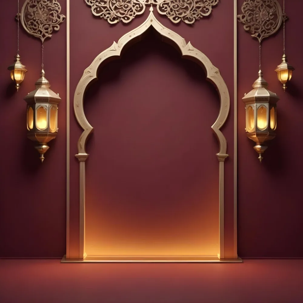 A Maroon Wall With A Golden Archway In The Center Two Golden Lanterns Hanging On Either Side And Golden Decorations At The Top 8 5d30