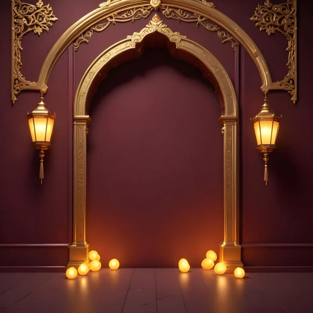 A Maroon Wall With A Golden Archway In The Center Two Golden Lanterns Hanging On Either Side And Golden Decorations At The Top 9 A7e3