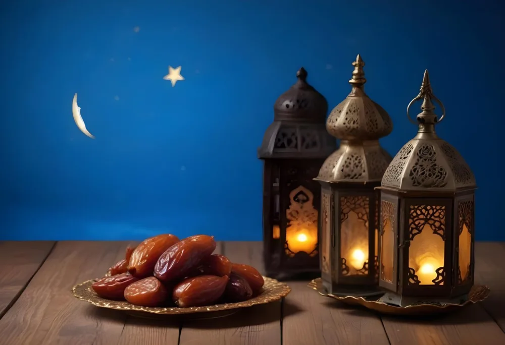 A Pile Of Dates On A Golden Plate With Three Arabic Lanterns On A Wooden Table With A Crescent Moon In The Background 12 D6ff